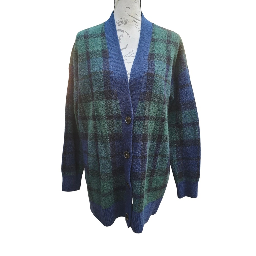 LOFT Womens Wool Blend Plaid Cardigan Button Down Sweater Green Blue Medium‎